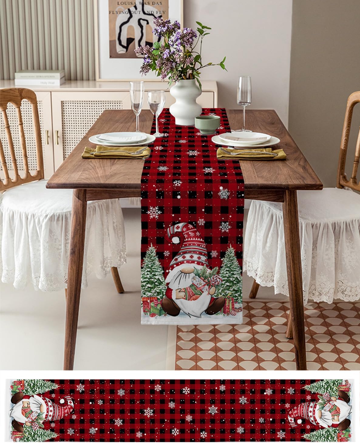 Camino de mesa de gnomo de Navidad a cuadros, copos de nieve de invierno y árbol de Navidad, bufandas de cocina, comedor, caminos de mesa para