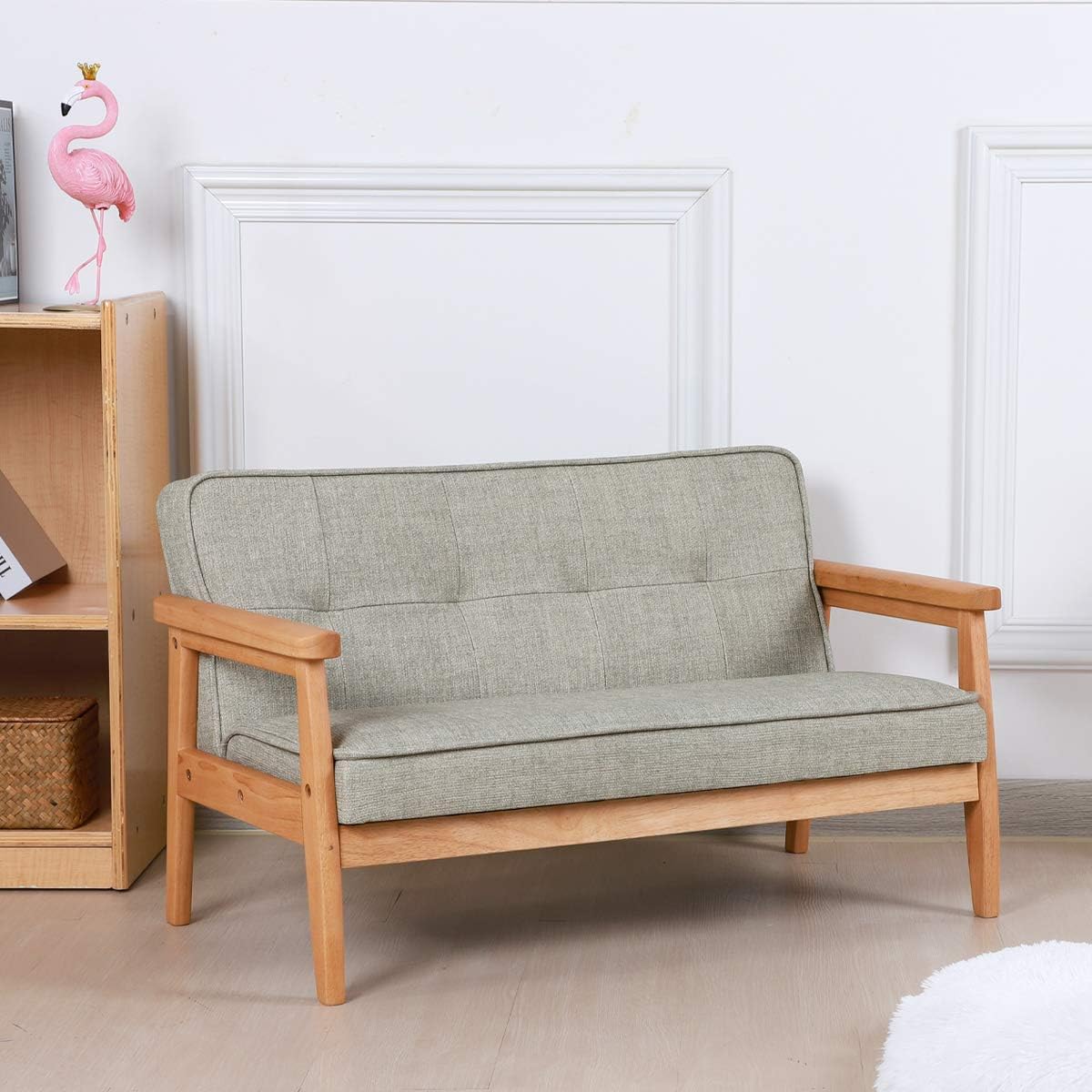 Yoonnie room Sofá de doble plaza para niños, sofá para niños con brazo de madera maciza y patrón de lino de PVC para el descanso de los niños (gris
