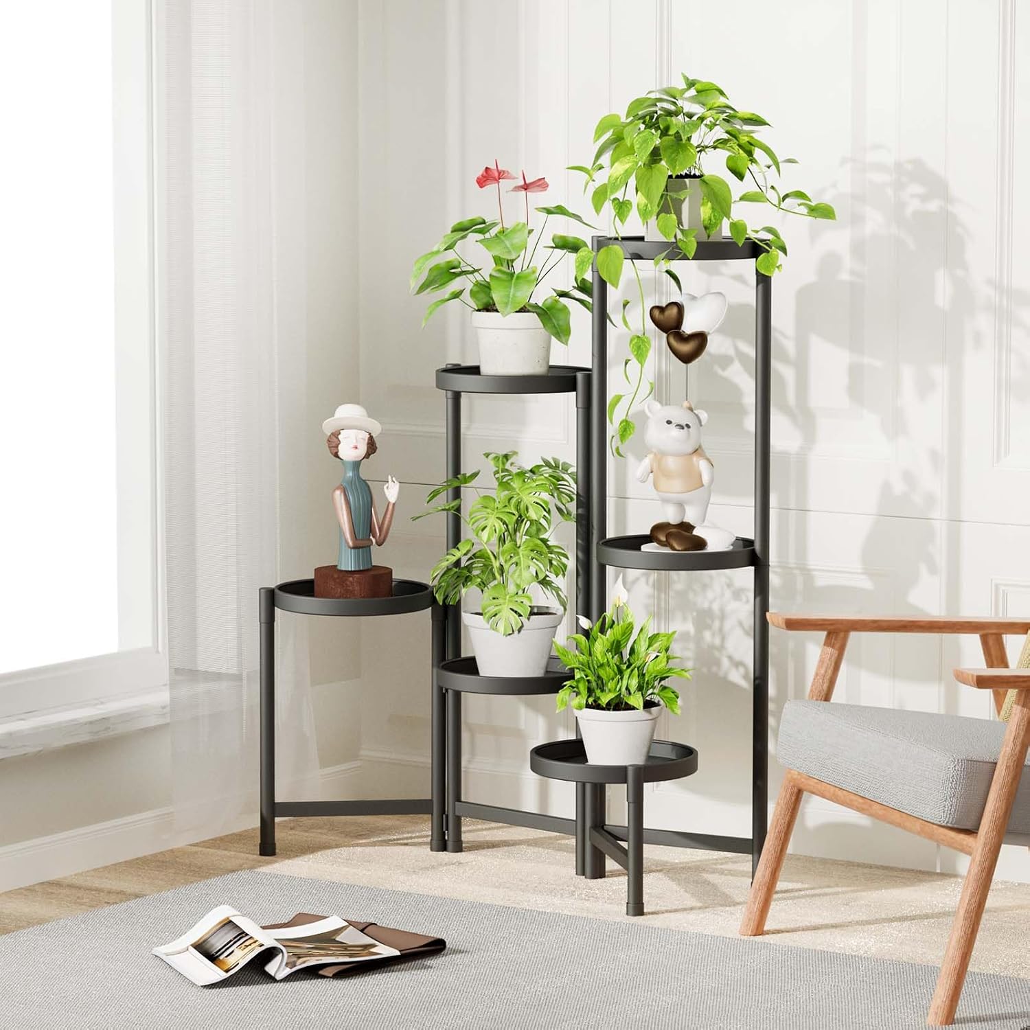 iDavosic.ly Soporte para plantas de 6 niveles para interiores, soporte de esquina de metal escalonado para plantas al aire libre para múltiples