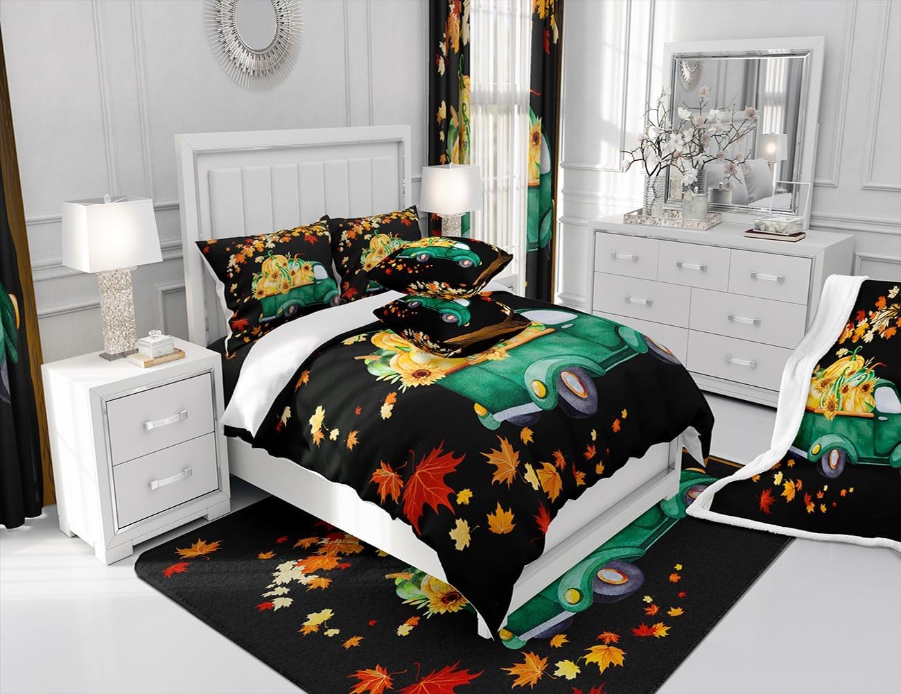 CYJS11386ZMD-BZ_USk – Juego de edredón de otoño con diseño de calabaza, camión, automóvil, hojas de arce, cosecha de otoño, rústico, para niños,