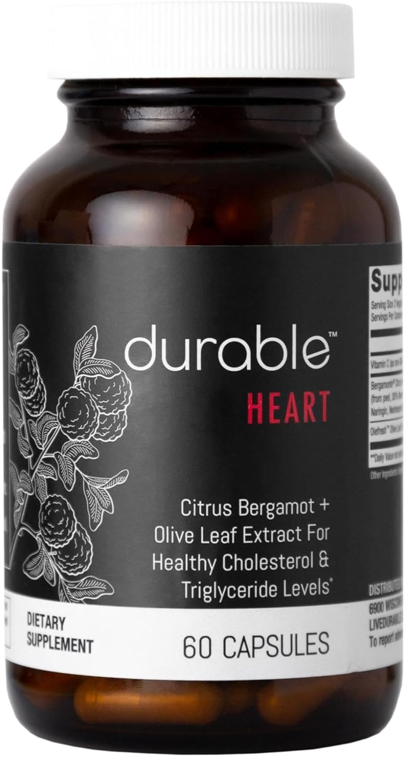 Durable Heart 1,000 mg Extracto de Bergamonte Citrus Bergamonte y hoja de olivo extra fuerte + vitamina C sin OMG, suplementos naturales para el