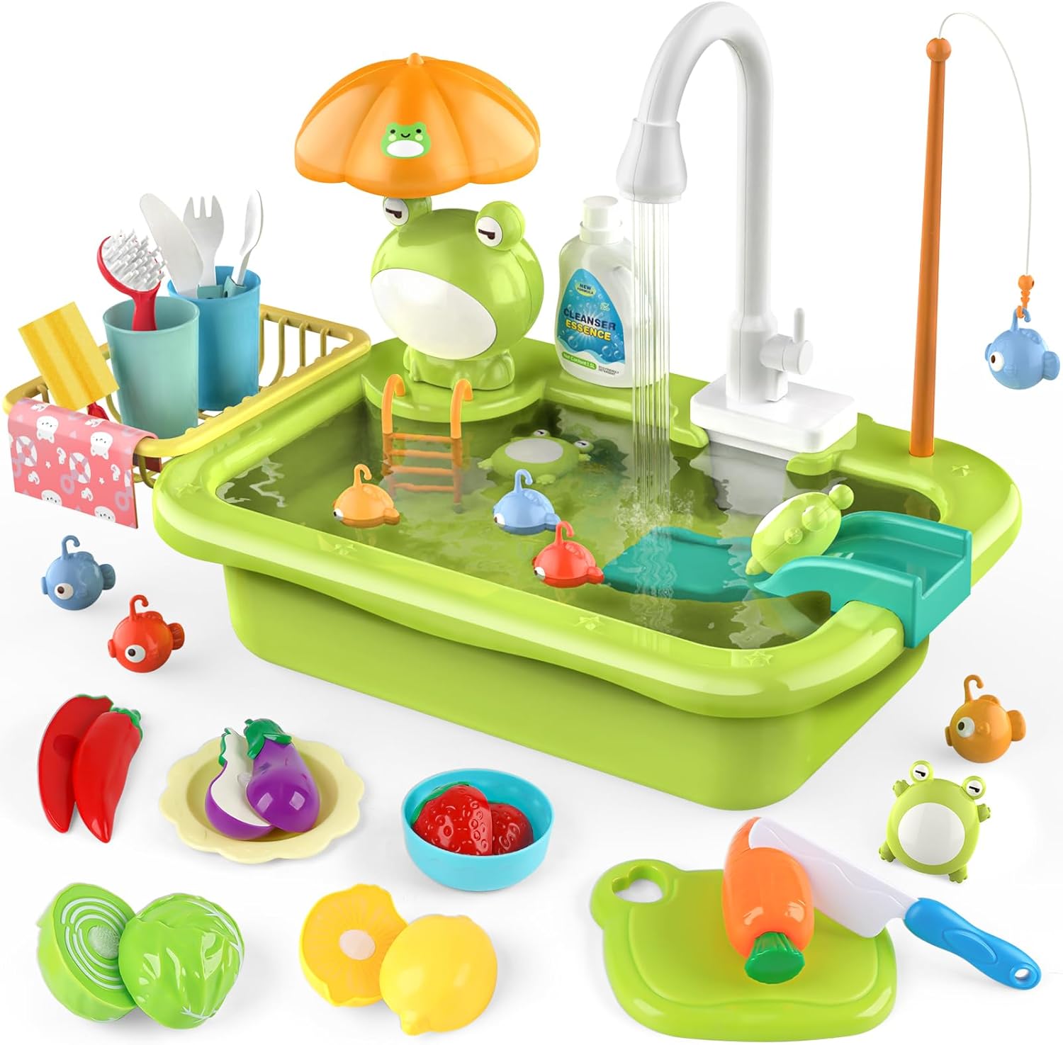 Dreamon Juguete de fregadero con agua corriente, accesorios de cocina para niños con circulación automática de agua, juego de pesca flotante para