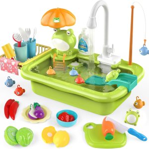 Dreamon Juguete de fregadero con agua corriente, accesorios de cocina para niños con circulación automática de agua, juego de pesca flotante para Dreamon Juguete de fregadero con agua corriente, accesorios de cocina para niños con circulación automática de agua, juego de pesca flotante para