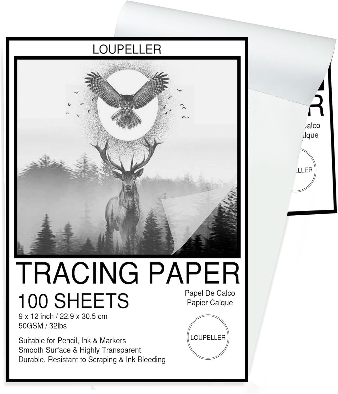 LOUPELLER Papel de calco para dibujar 100 hojas, 9 x 12 pulgadas, 32 libras, bloc de papel de calco altamente transparente, sin arrugas, funciona