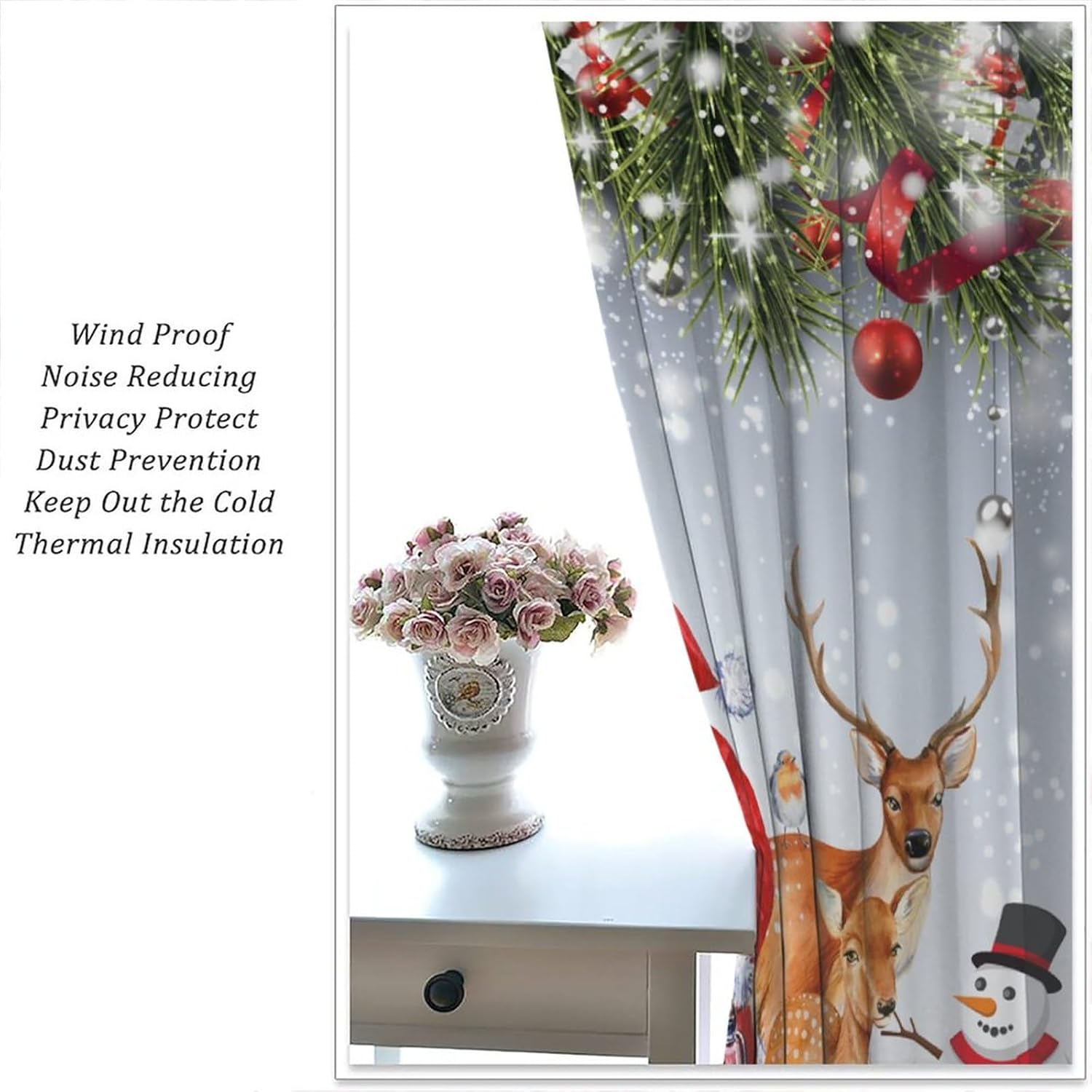 Cortinas de Navidad lindas de Papá Noel, muñeco de nieve, árbol de Navidad, copo de nieve, vacaciones de invierno, feliz año nuevo, patrón impreso,