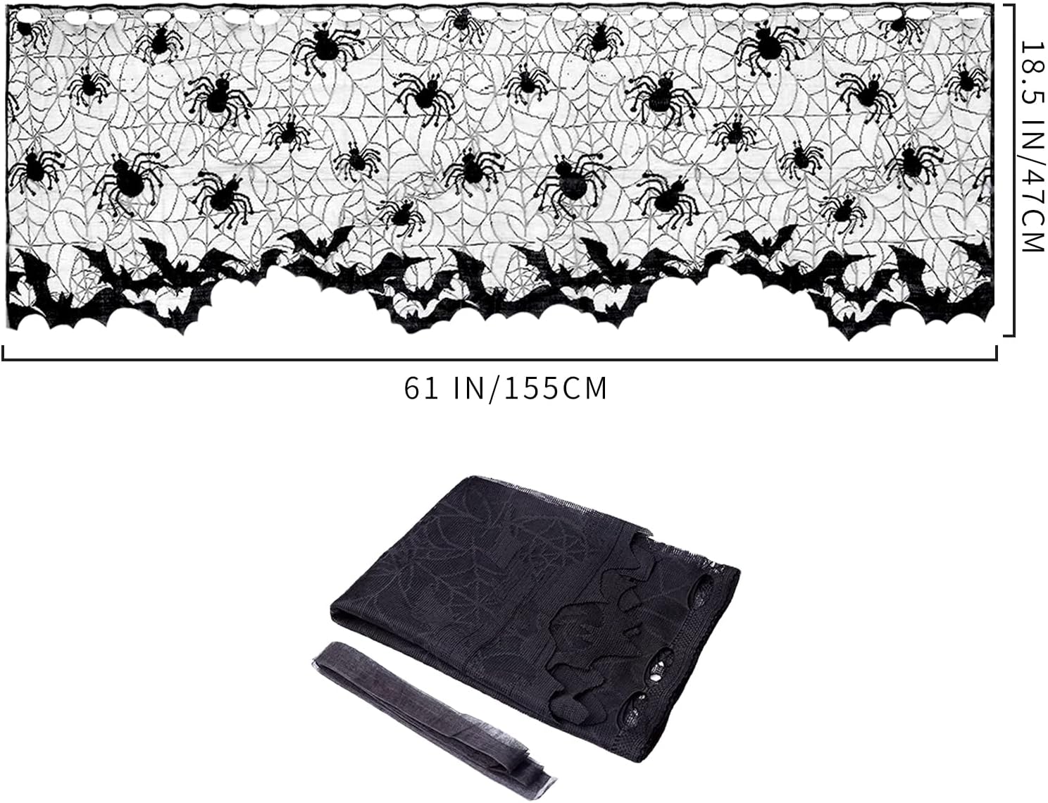 Mikily’s Cortina de encaje de Halloween de 18.5 pulgadas de largo x 61 pulgadas de ancho, con diseño de telaraña, perfecta para decoración de