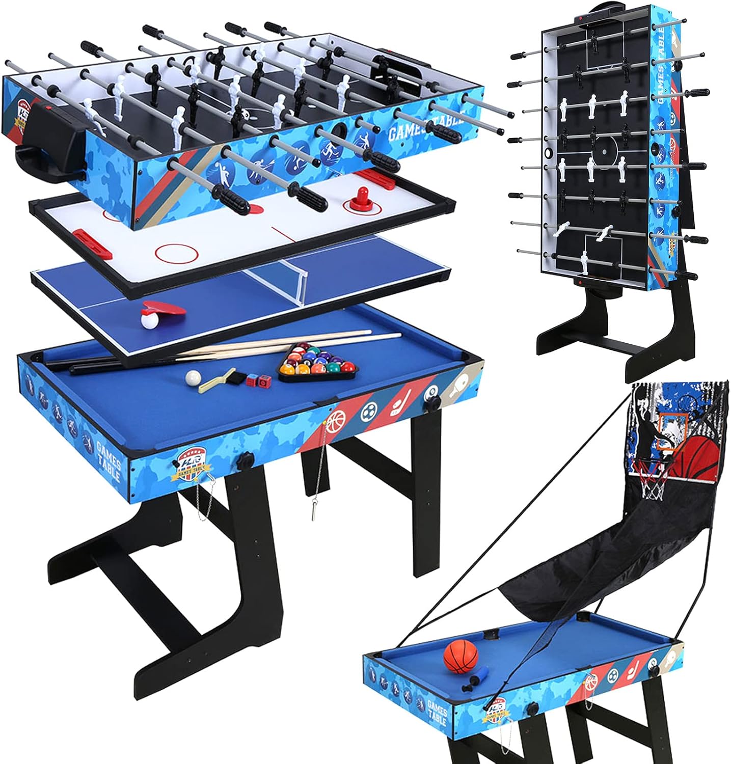HLC Juego de mesa de juego múltiple 4 en 1 de 4 pies con piscinabillar, futbolín de fútbol, hockey deslizante y mesa de tenis de mesa para el hogar,
