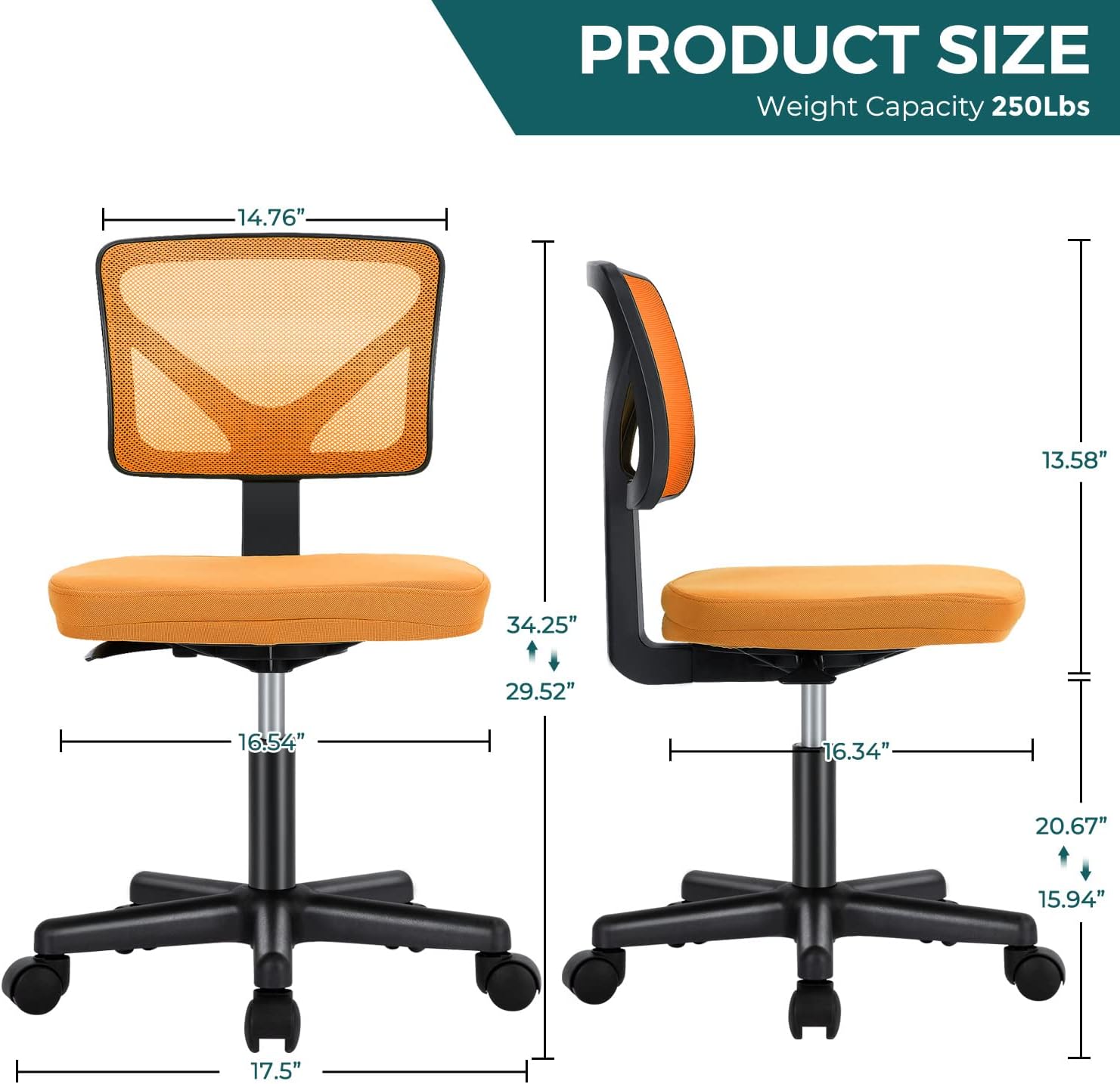 DUMOS Sillas de escritorio sin brazos con ruedas, bonita silla de oficina en casa, sin brazos, ergonómica ajustable giratoria, silla de trabajo con