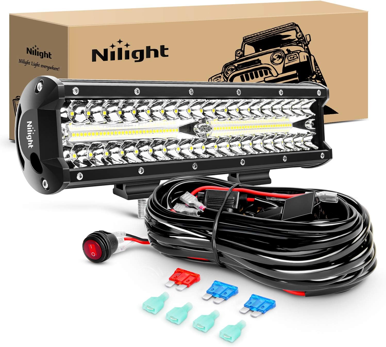 Nilight ZH411-A 12 pulgadas, 12 pulgadas, 300 W, triple fila de inundación, combo de 30000 lm, luces LED todoterreno y 90027B 2 piezas de barra de