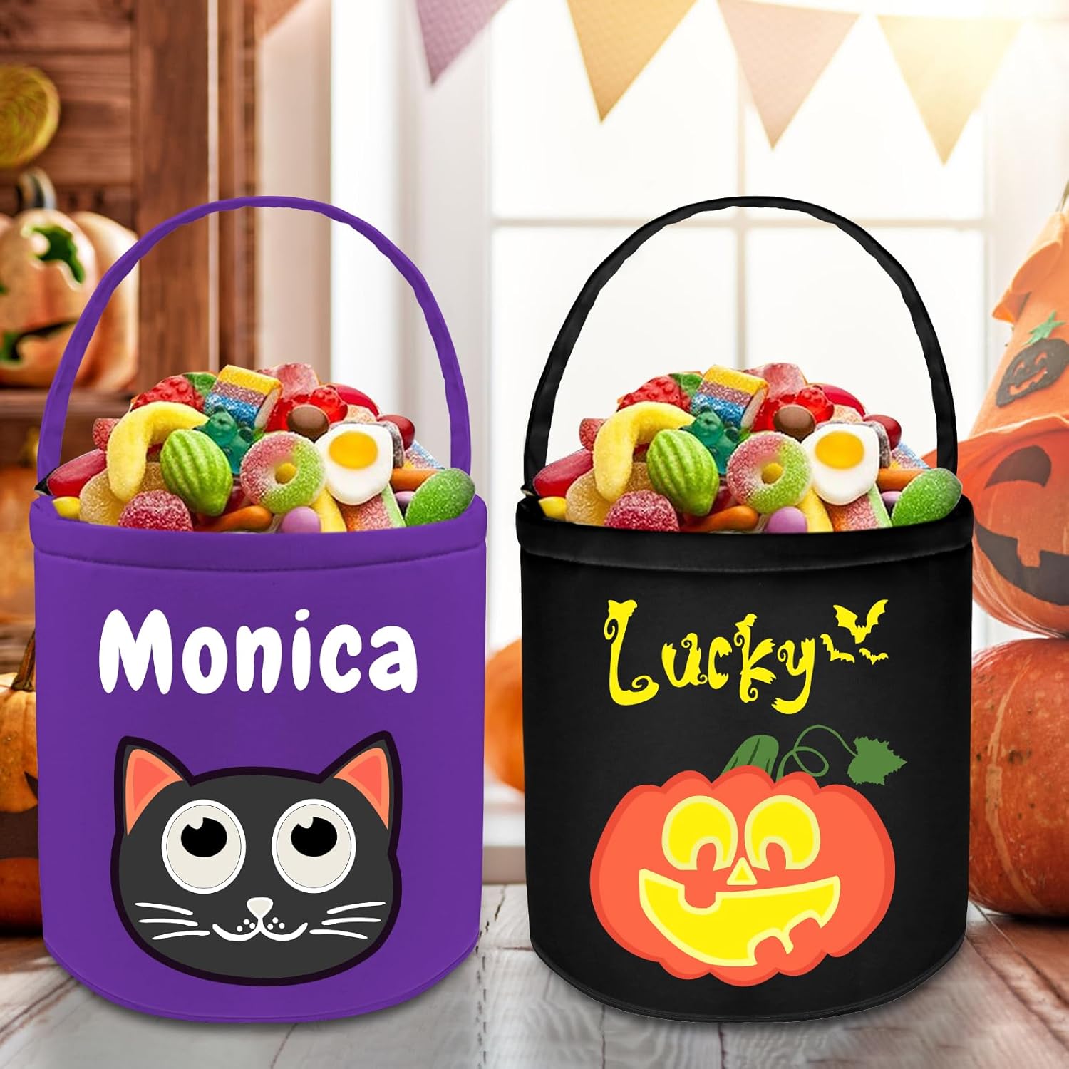 Cesta de Halloween personalizada con nombre de cubo personalizado para trucos o tratos, bolsa de dulces personalizada para niños, regalo para niños