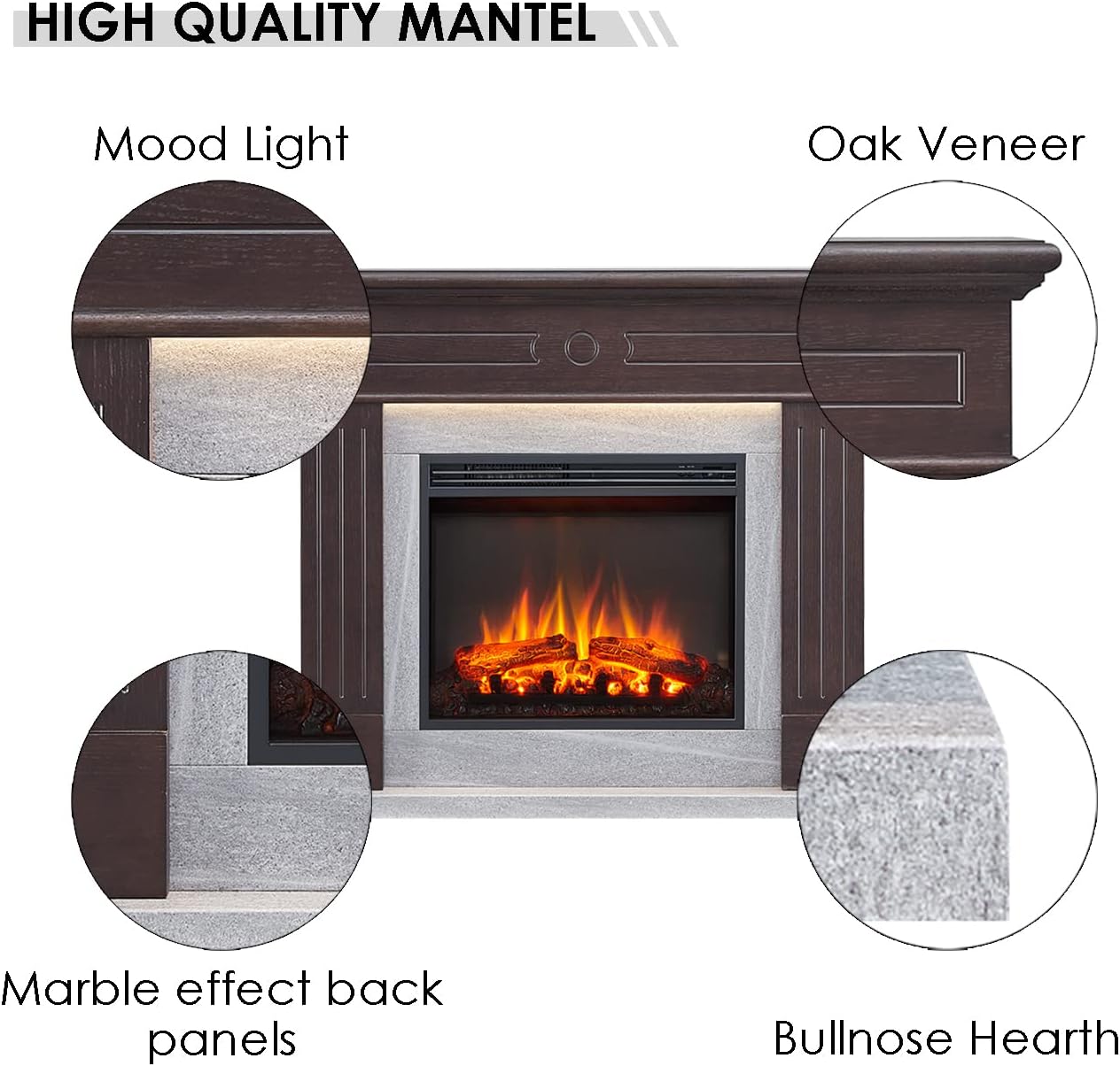 LegendFlame Suite Chimenea Alton, mantel envolvente de 43 pulgadas, roble espresso con acabado de mármol gris claro, con inserto de chimenea