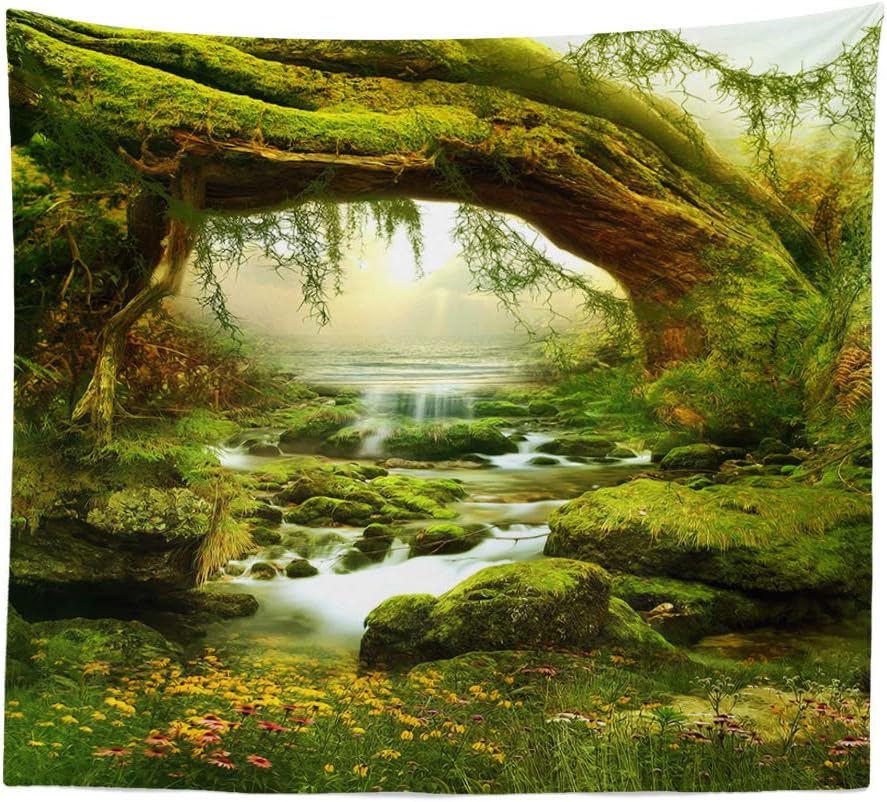 Tapiz de bosque mágico, decoración para el hogar, sala de estar, dormitorio, para usar como cortina (luz del sol y arroyo, 90.5 de largo x 70.8 de
