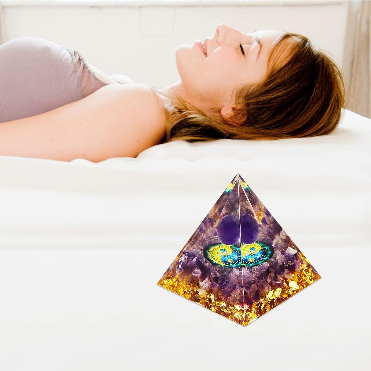 Pirámide de orgón hecha a mano para energía positiva, pirámide de esfera de cristal de amatista, generador de energía de cristales de protección,