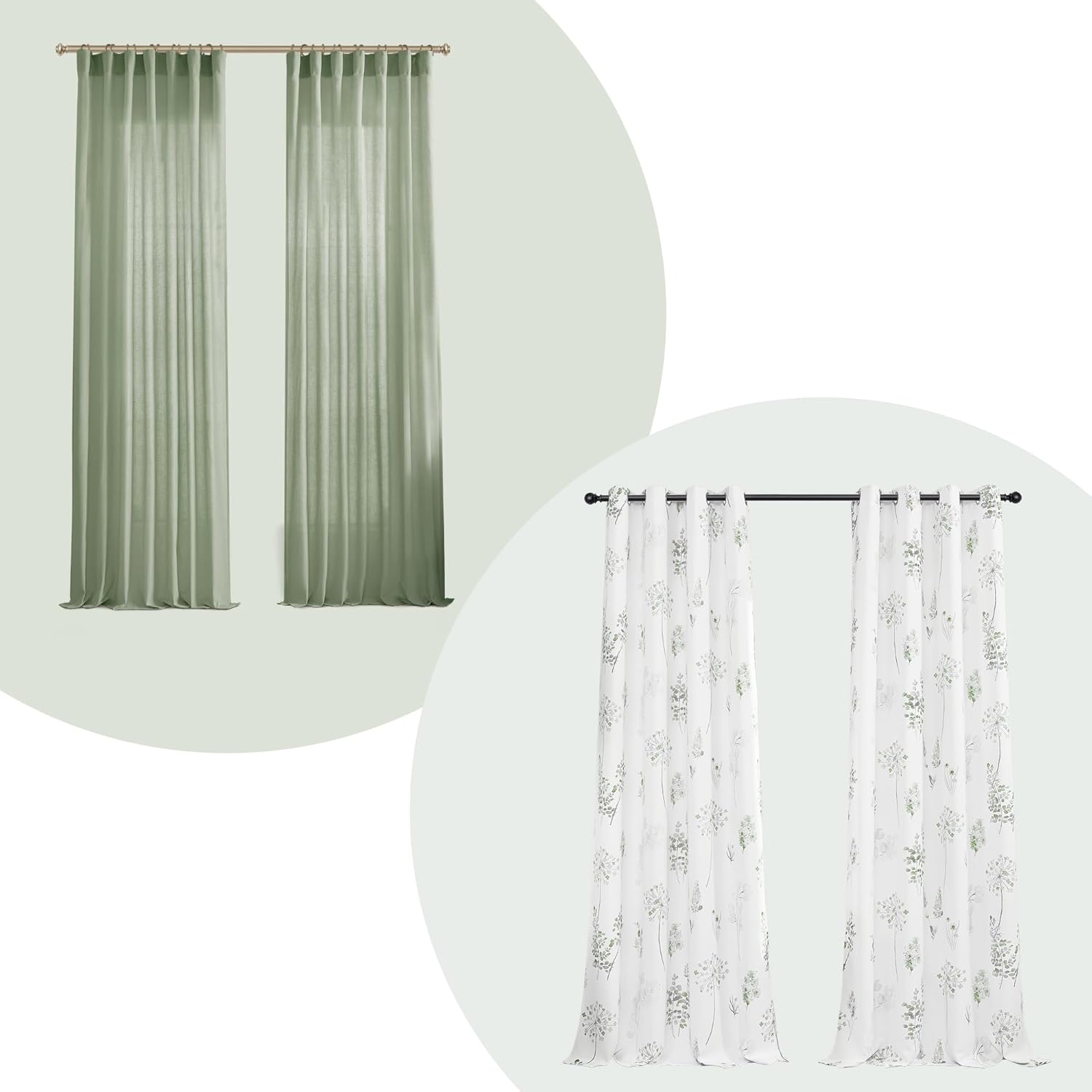 XTMYI Cortinas de lino verde salvia de 84 pulgadas de largo con cortinas opacas de flores silvestres de acuarela verde salvia y gris de 84 pulgadas