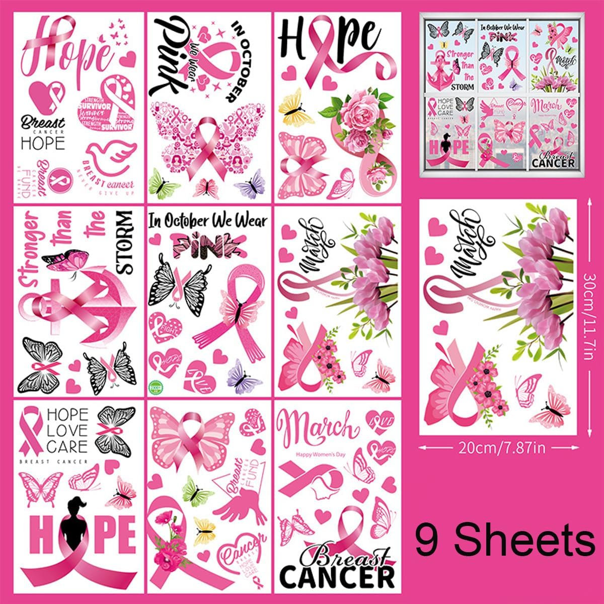 9 hojas de calcomanías para ventana de cáncer de mama para vidrio, cinta rosa para mujer, calcomanías de concientización sobre el cáncer de mama,