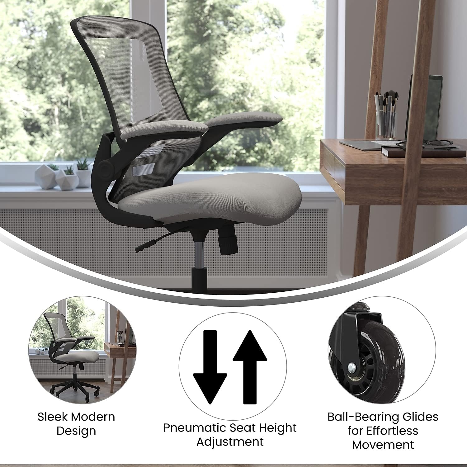 Flash Furniture Kelista Silla ergonómica giratoria de malla gris oscuro con brazos abatibles y ruedas transparentes