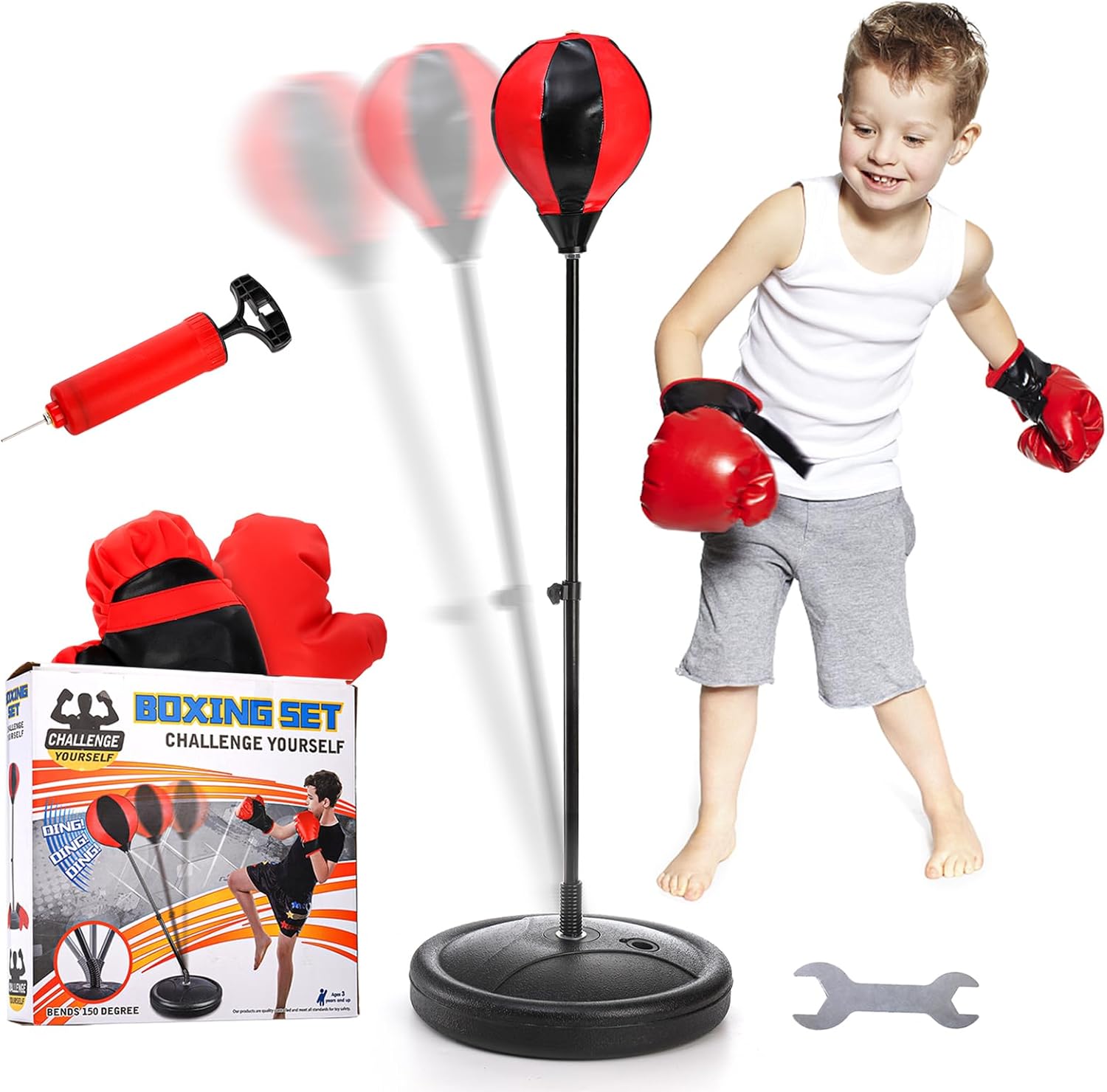 WUWEOT Juego de saco de boxeo para niños, pelota de boxeo con soporte de altura y guantes de entrenamiento de boxeo, regalo ideal para Navidad,