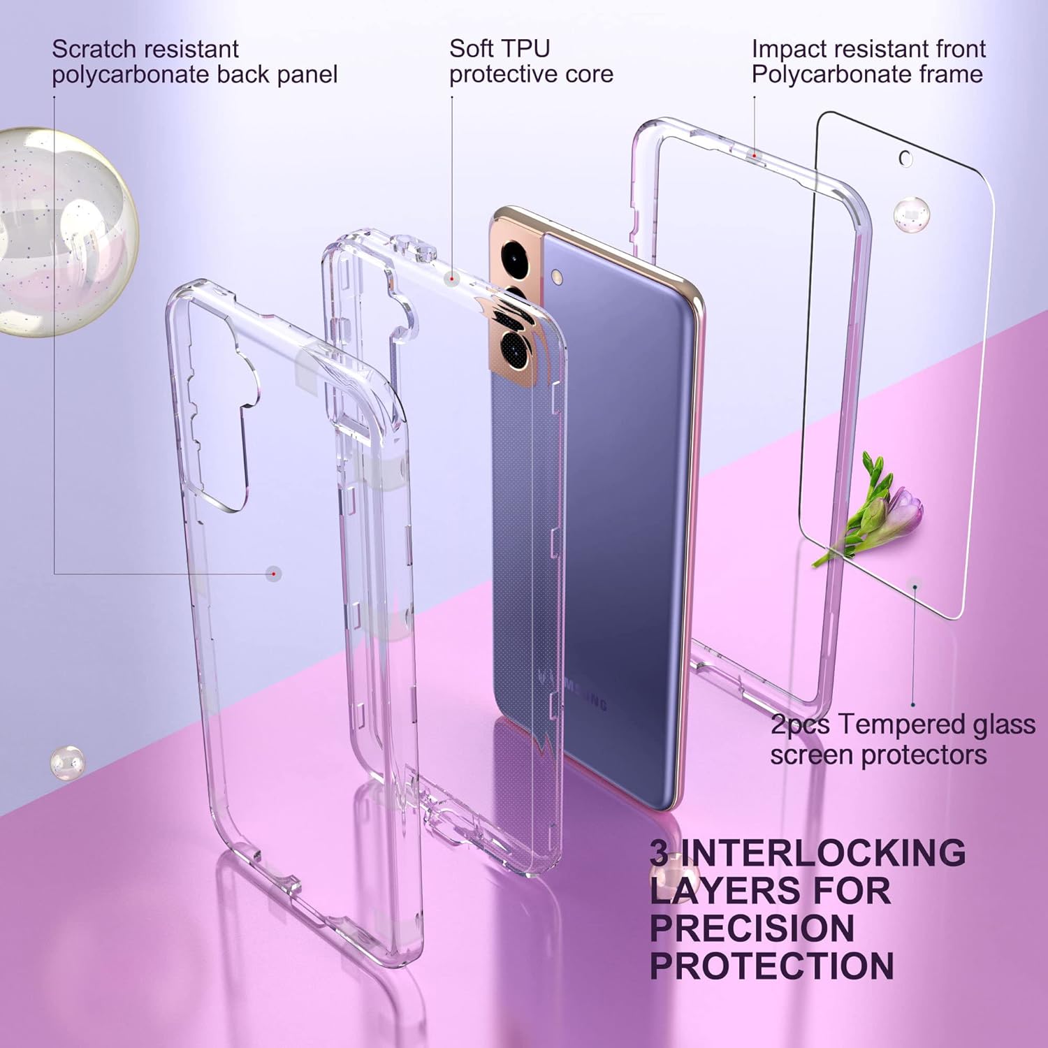 KIOMY Funda transparente a prueba de golpes para Galaxy S21+ 5G y 2 protectores de vidrio templado, carcasa rígida híbrida 3 en 1 y parachoques de
