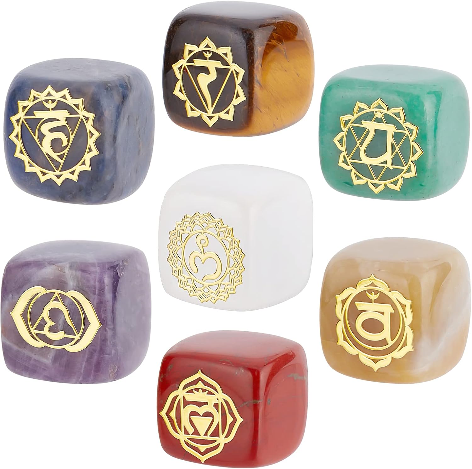 Beebeecraft 7 piezas de piedras de chakras de 7 colores, cristales naturales, cubito, piedras preciosas cuadradas chapadas en oro, patrón de chakras