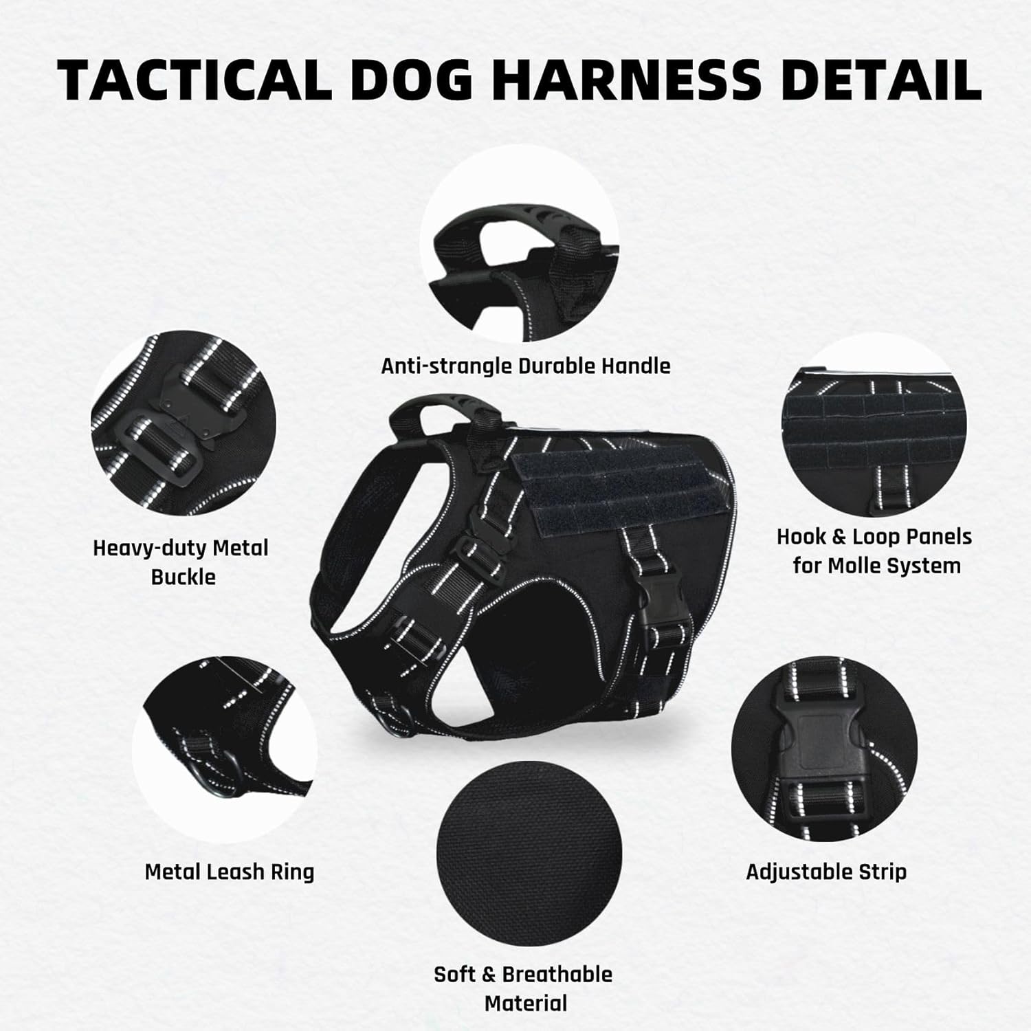Ohmopie Arnés táctico para perro mediano y grande, arnés ajustable con clip trasero y clip frontal, hebilla de metal resistente, chaleco Molle con