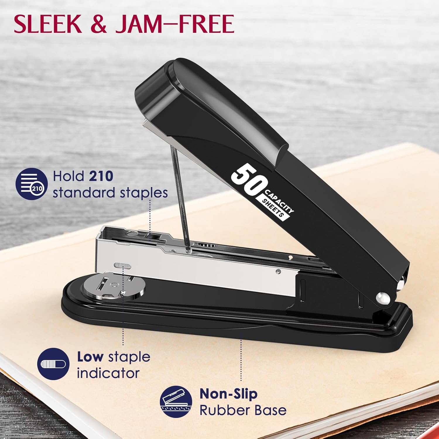 Engrapadora de metal resistente con capacidad de 50 hojas con 1750 grapas y removedor de grapas, grapadoras de tira completa para escritorio, sin