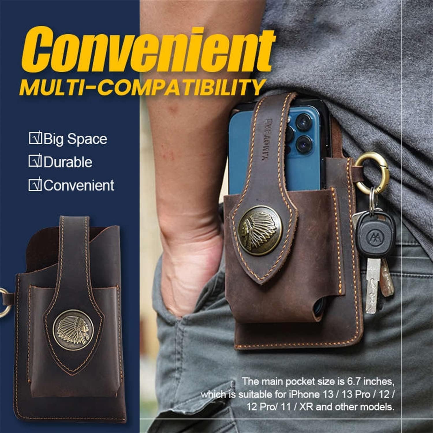 Bolsa de cuero multifuncional para teléfono móvil, bolso de cintura para teléfono celular de gran capacidad, bolsa de cinturón casual para teléfono