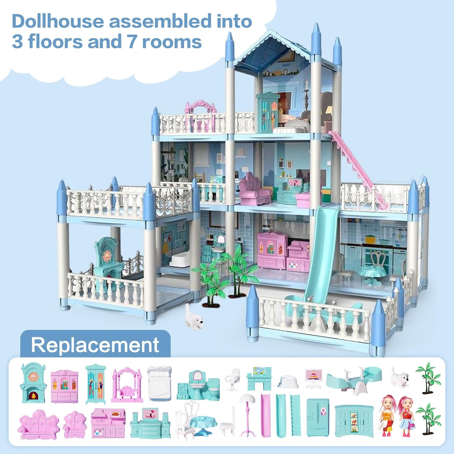 NoTagCat Casa de muñecas para niños, casa de muñecas para niñas, casa de ensueño de princesa con 2 muñecas y accesorios de muebles, regalos de casa