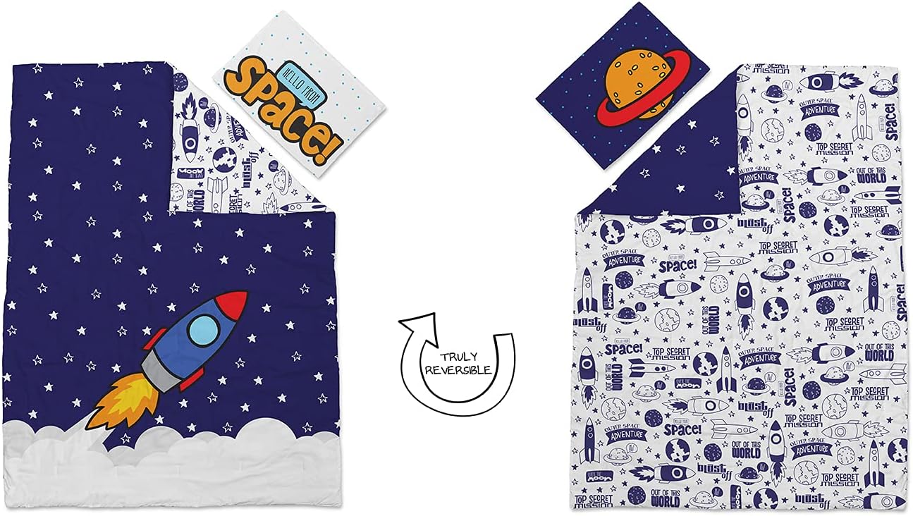 Juego de ropa de cama de microfibra verdaderamente reversible y súper esponjosa de 5 piezas para niños pequeños y niños, diseño de cohete espacial