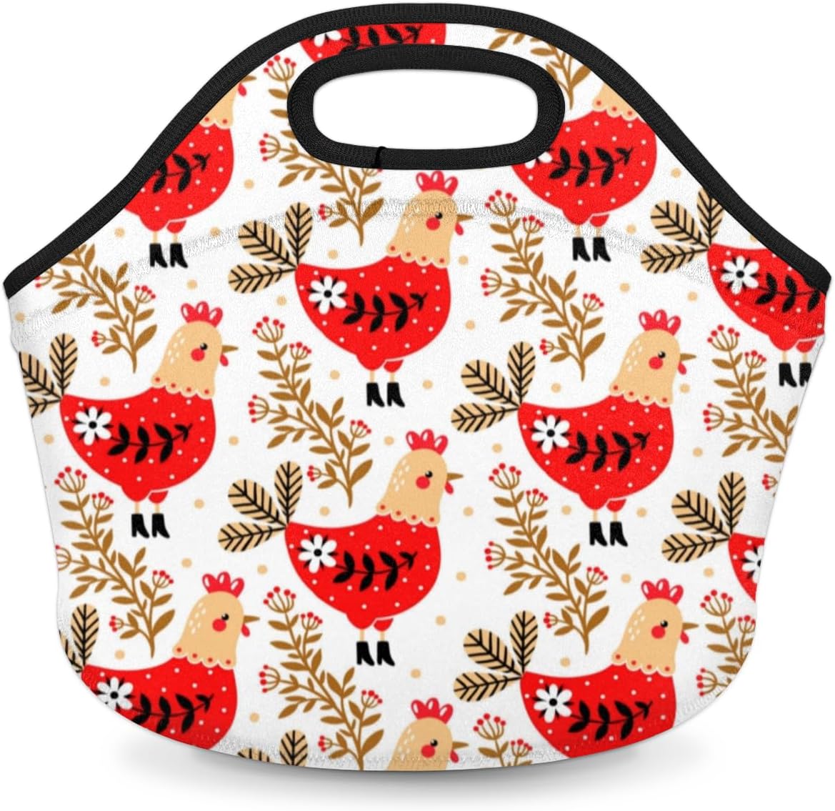 Bolsa de almuerzo de neopreno con diseño de flores de pollo, suave, lavable, reutilizable, aislada, ligera, para preparación de comidas, para