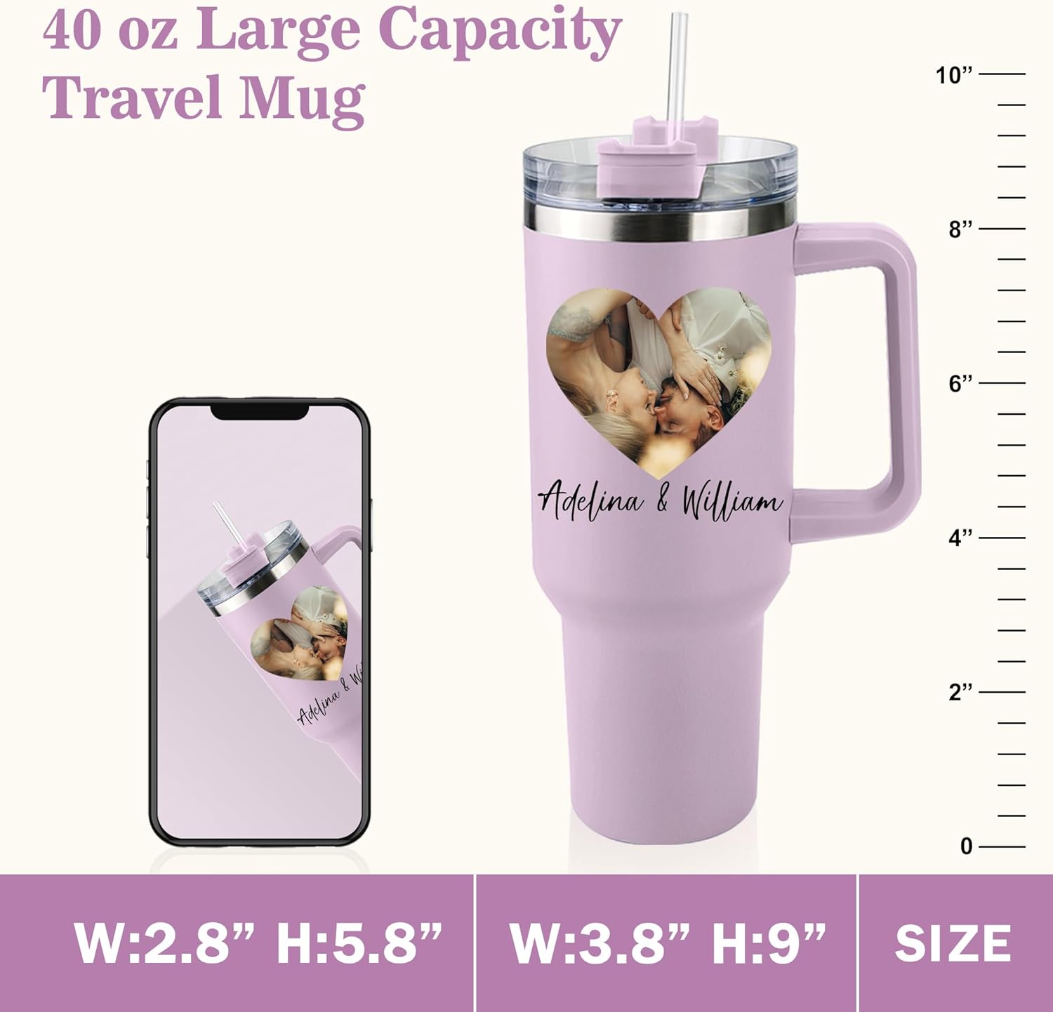 CusCosCes Vaso personalizado de 40 onzas con asa, vaso con imagen para aniversario, vaso de viaje con aislamiento, acero inoxidable, regalos