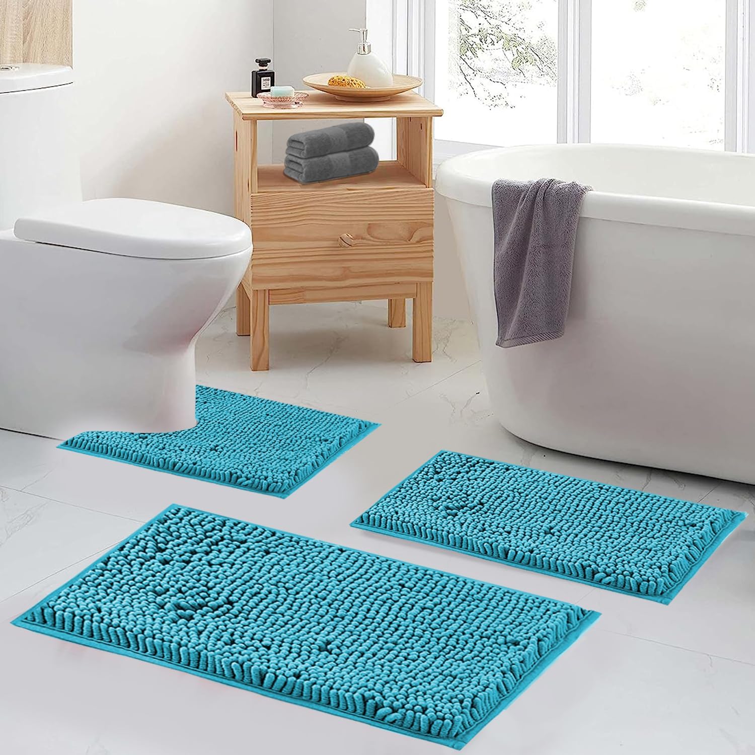 Juego de 3 tapetes de baño de color verde azulado para baño, juego de alfombras de baño de Chenillen antideslizantes, alfombras peludas absorbentes,