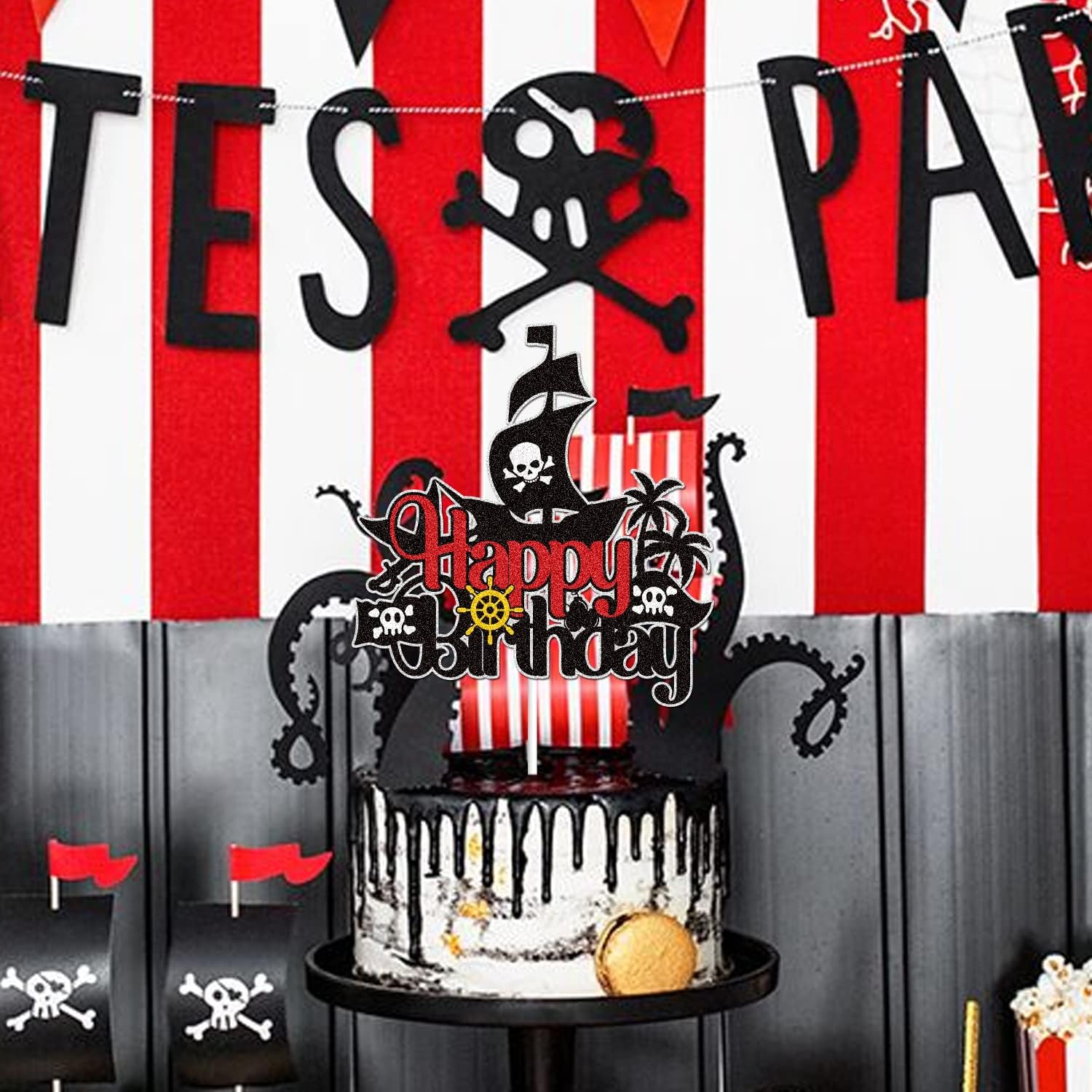 Decoración para tarta de cumpleaños con diseño de barco pirata, color negro, con purpurina, decoración de tarta de barco náutico, tesoro, mar de