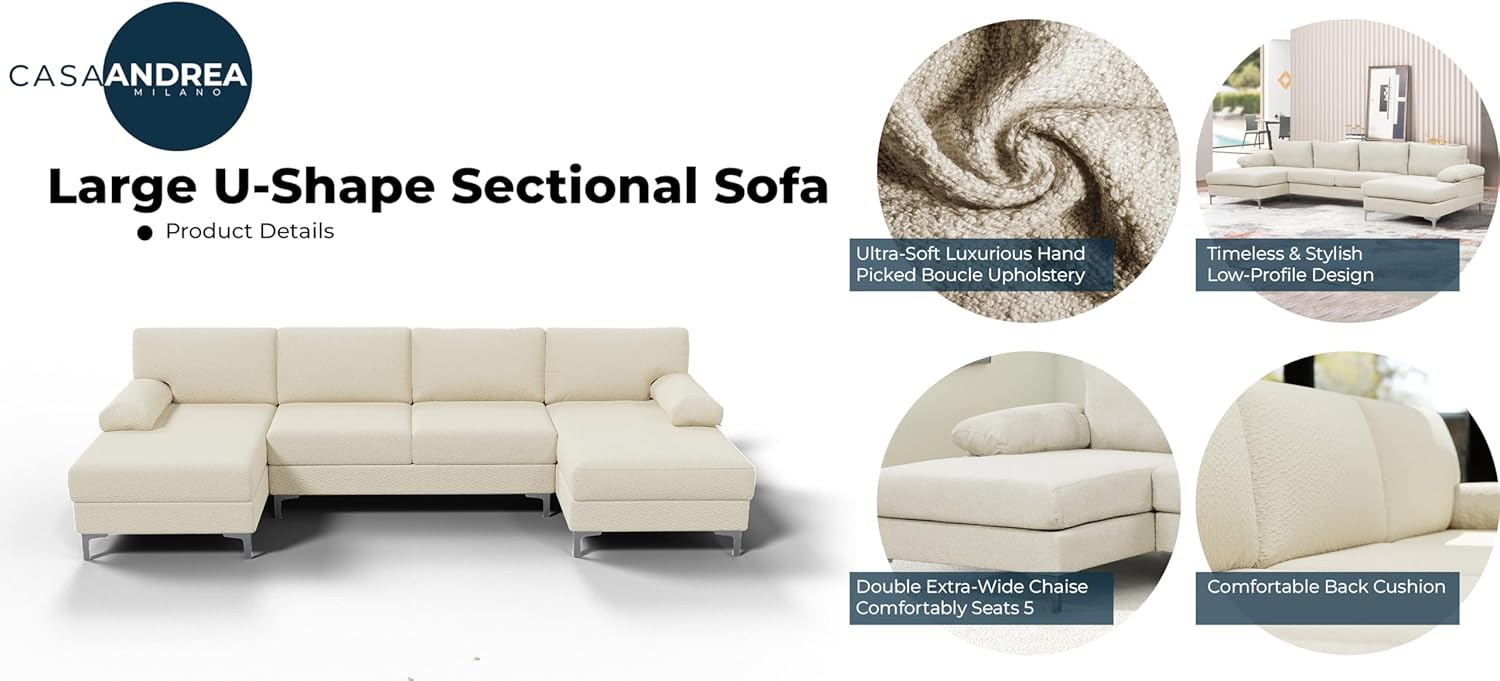 Casa Andrea Milano BOUCLÉ – Sofá modular en forma de U, sofá de lujo con diván extra ancho, sofá para sala de estar, apartamento, sala de estar,
