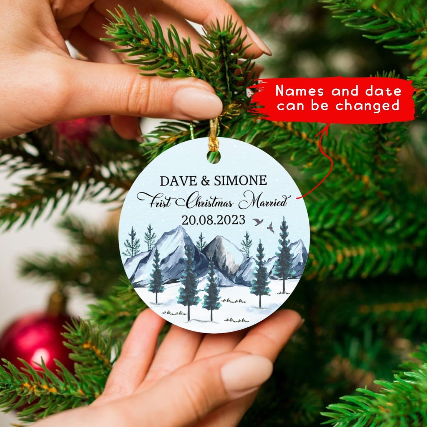 Adorno de Navidad para parejas, adorno de casado de primera Navidad 2024, regalo personalizado para elegir el nombre y la fecha, adorno de Navidad