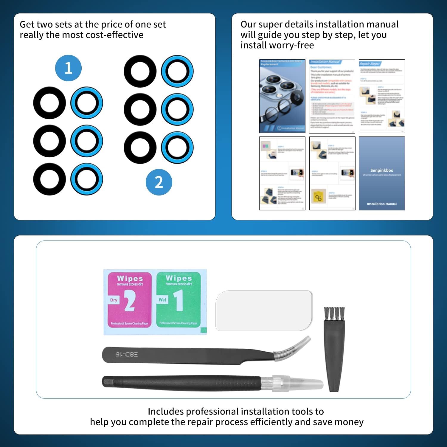 Senpinkboo Paquete de 2 lentes de repuesto para cámara trasera para Samsung Galaxy S22S22 Plus con adhesivo preinstalado, incluye juego de