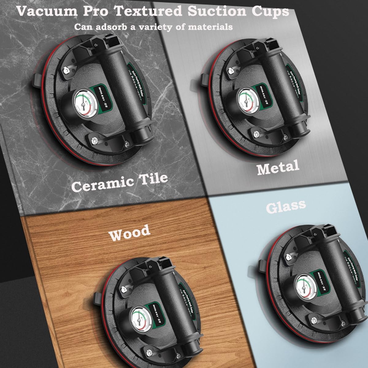 Ventosas de vidrio, elevador de ventosa industrial de 8 pulgadas, capacidad de carga de 440 libras440.9 lbs, ventosa de vacío resistente con medidor
