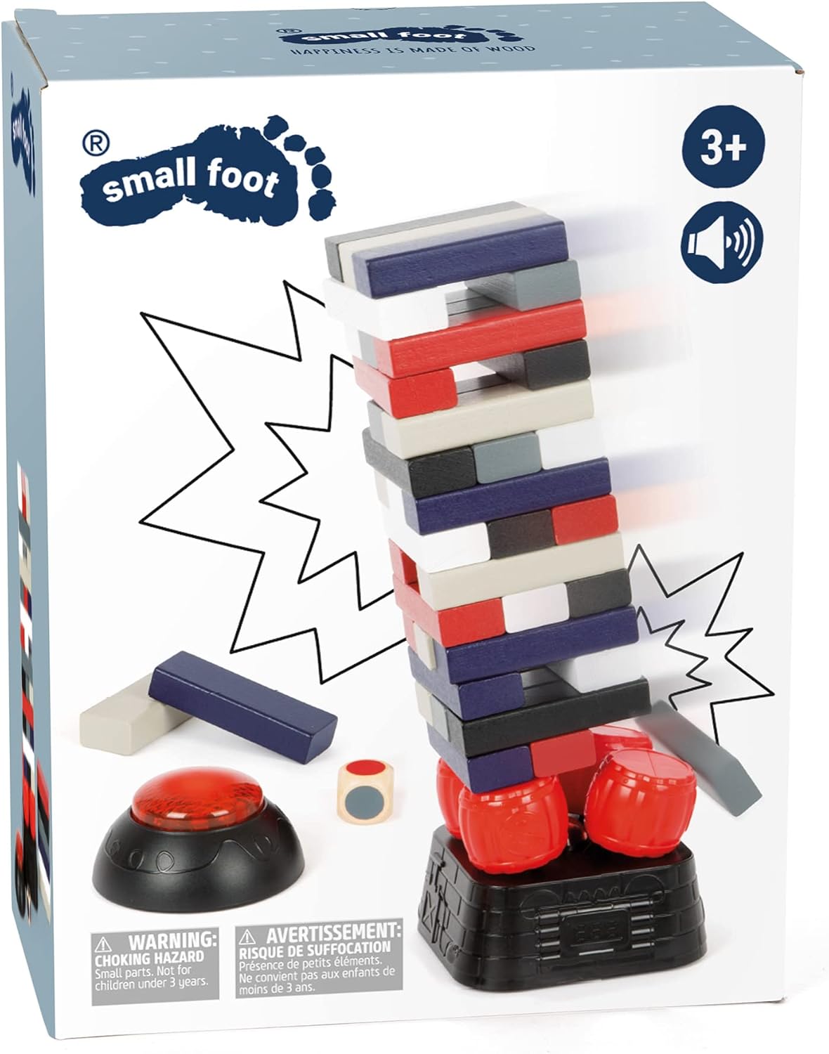 Torre tambaleante de madera Dynamite de Small Foot – Juego divertido con bloques de madera, dados y temporizador – Diversión para toda la familia –