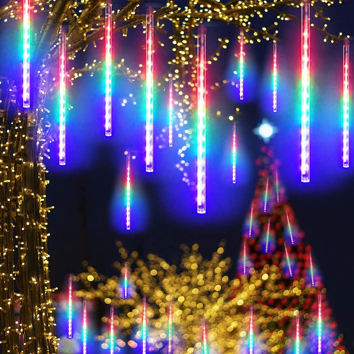 Luces LED de lluvia de meteoritos, gotas de lluvia y carámbanos, gotas de lluvia que caen, 11.8 in, 8 tubos, impermeables, luces en cascada para