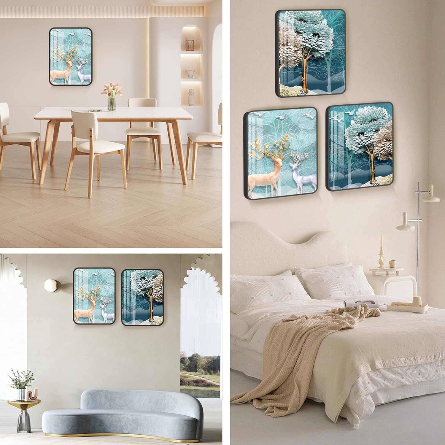 SERIMINO Arte de pared enmarcado para sala de estar, bosque brumoso de alce nórdico, decoración de pared azul abstracto de animales paisajes,