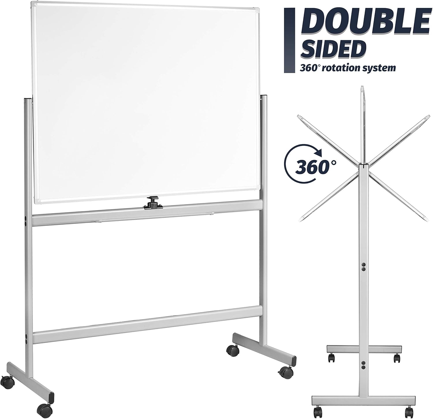 INNOVART Pizarra blanca móvil de 48 x 36 pulgadas, pizarra magnética de borrado en seco de doble cara reversible de 360 con soporte rodante portátil