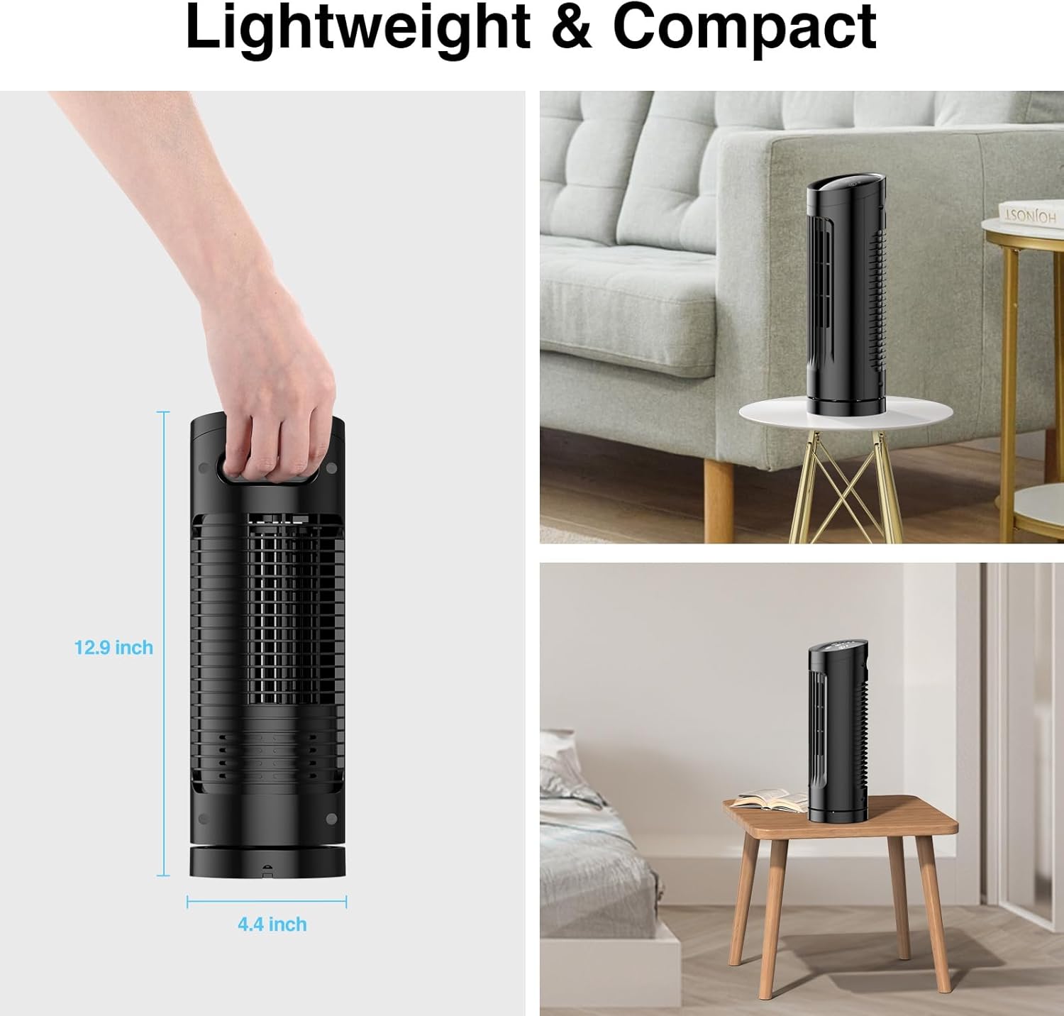 VCK Ventilador de torre de 13 pulgadas, ventilador de escritorio de oscilación de 70 con 3 velocidades, 3 modos de viento, diseño seguro sin aspas,