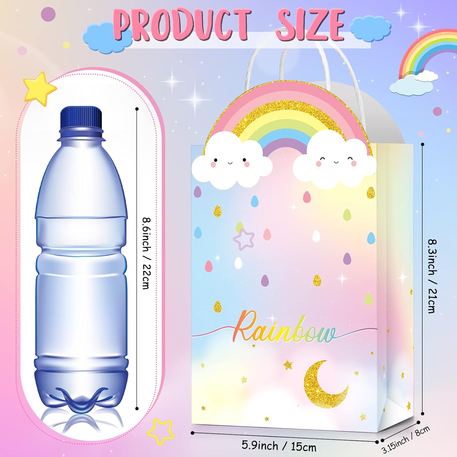 16 bolsas de regalo de fiesta de arco iris, bolsas de regalo de arcoíris con asas, bolsas de dulces de cumpleaños, bolsas de regalo de fiesta pastel