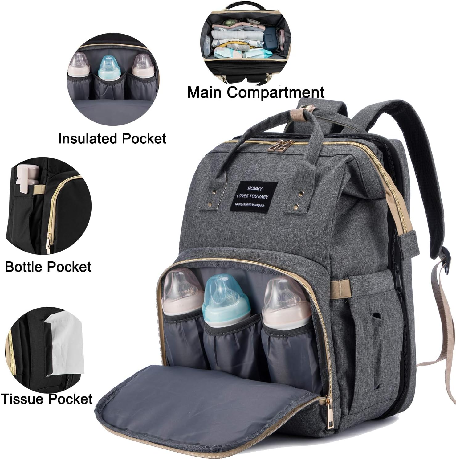 Mochila para pañales, bolsas de pañales multifunción para niños y niñas, Gris-1, Classic