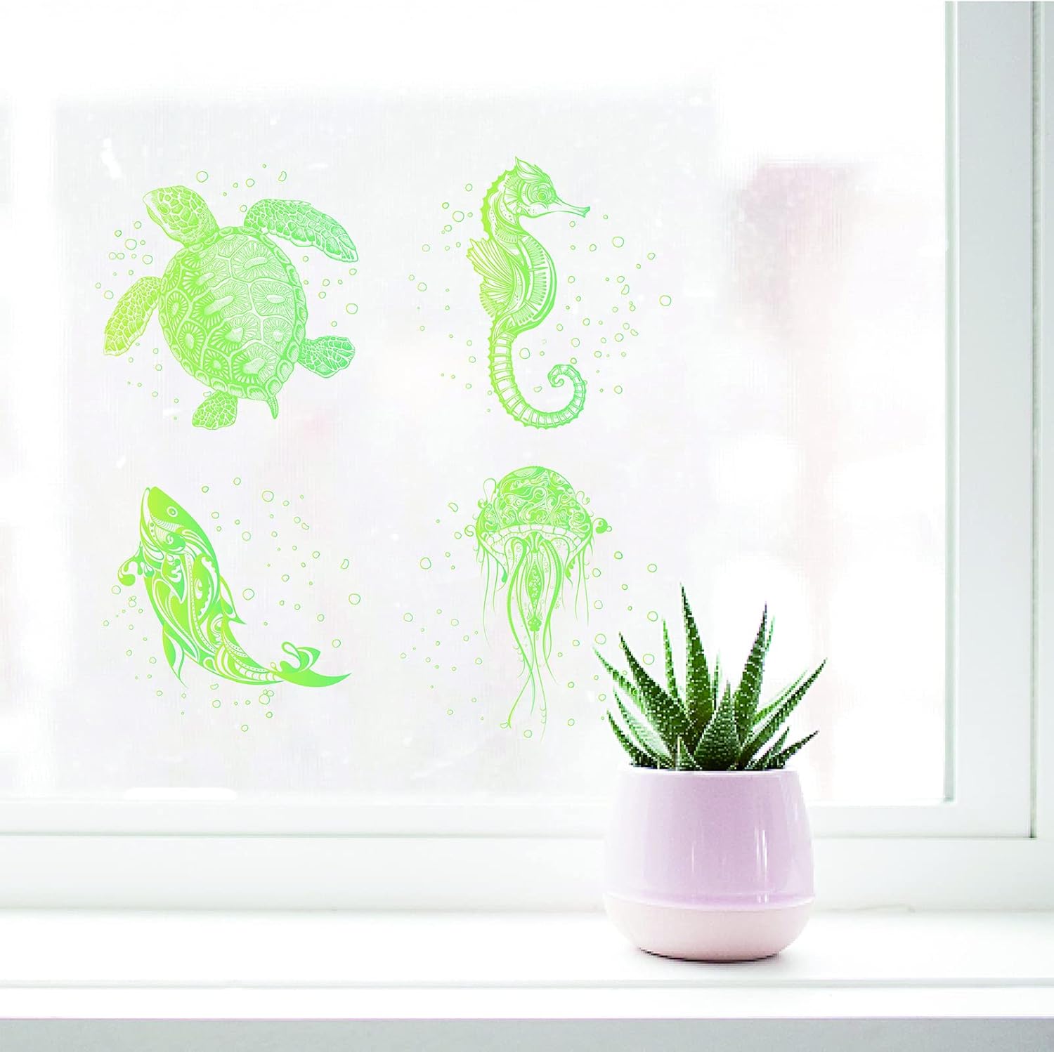 GORGECRAFT 4 calcomanías de ventana de animales marinos de 6.3 pulgadas, calcomanías estáticas para puertas correderas de vidrio, calcomanías de