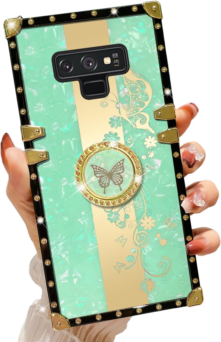 Para Samsung Galaxy Note 9 Caja De Teléfono Cuadrado Con Soporte De Anillo De Las Niñas Mujeres Cubierta Protectora A Prueba De Golpes De Lujo –