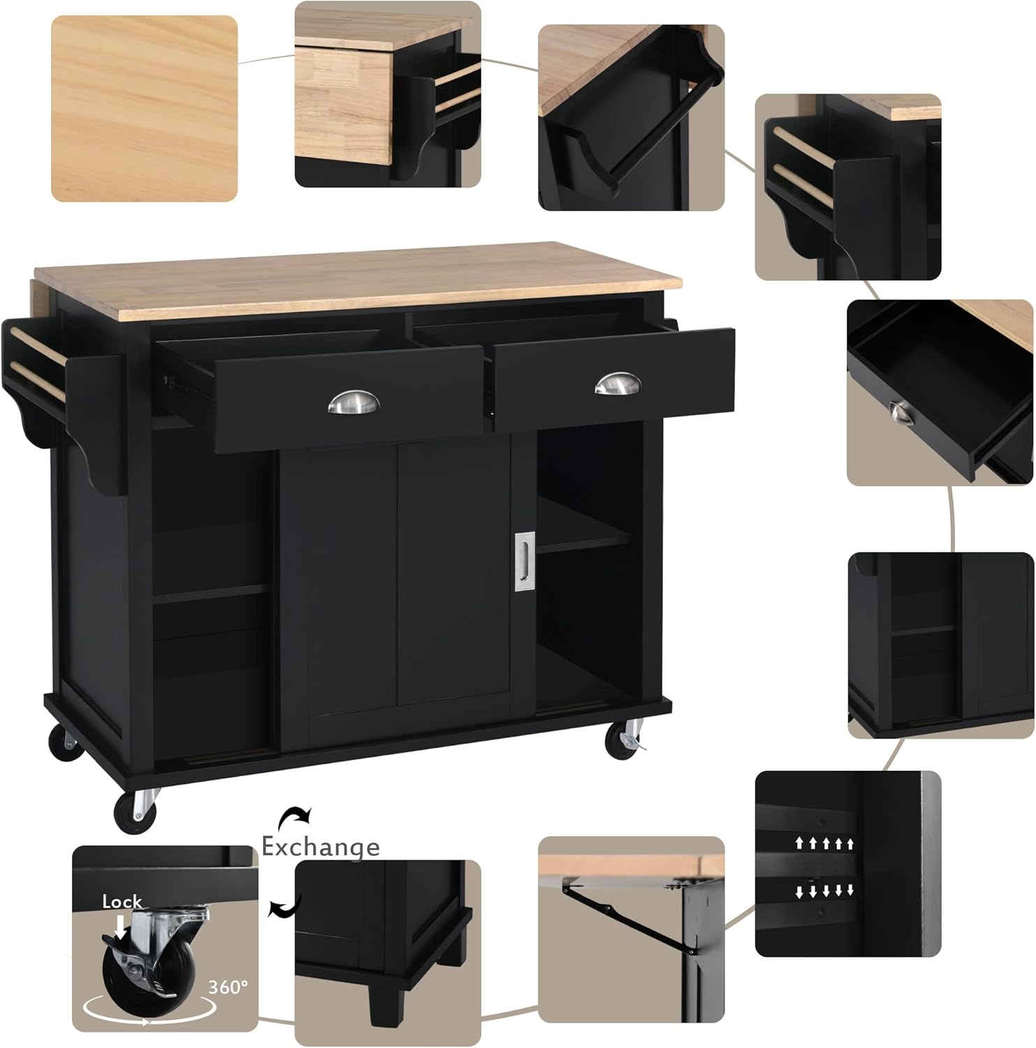 Carrito de cocina con encimera de madera de goma y puerta corrediza de granero, isla de cocina móvil rodante sobre ruedas con almacenamiento y