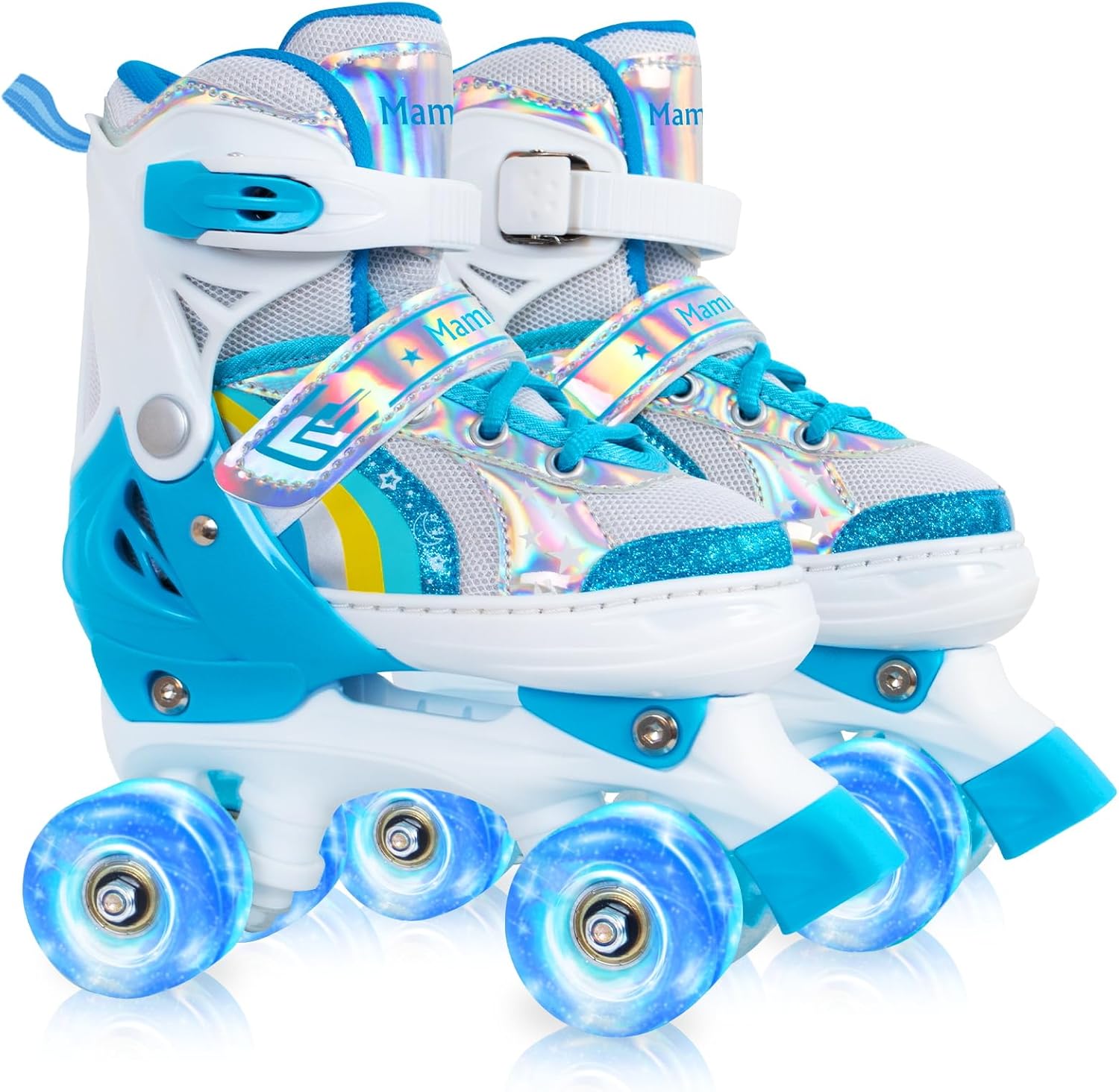 MammyGol Patines de ruedas para niñas y niños, 4 tamaños ajustables de arco iris, patines cuádruples con todas las ruedas iluminadas para niños