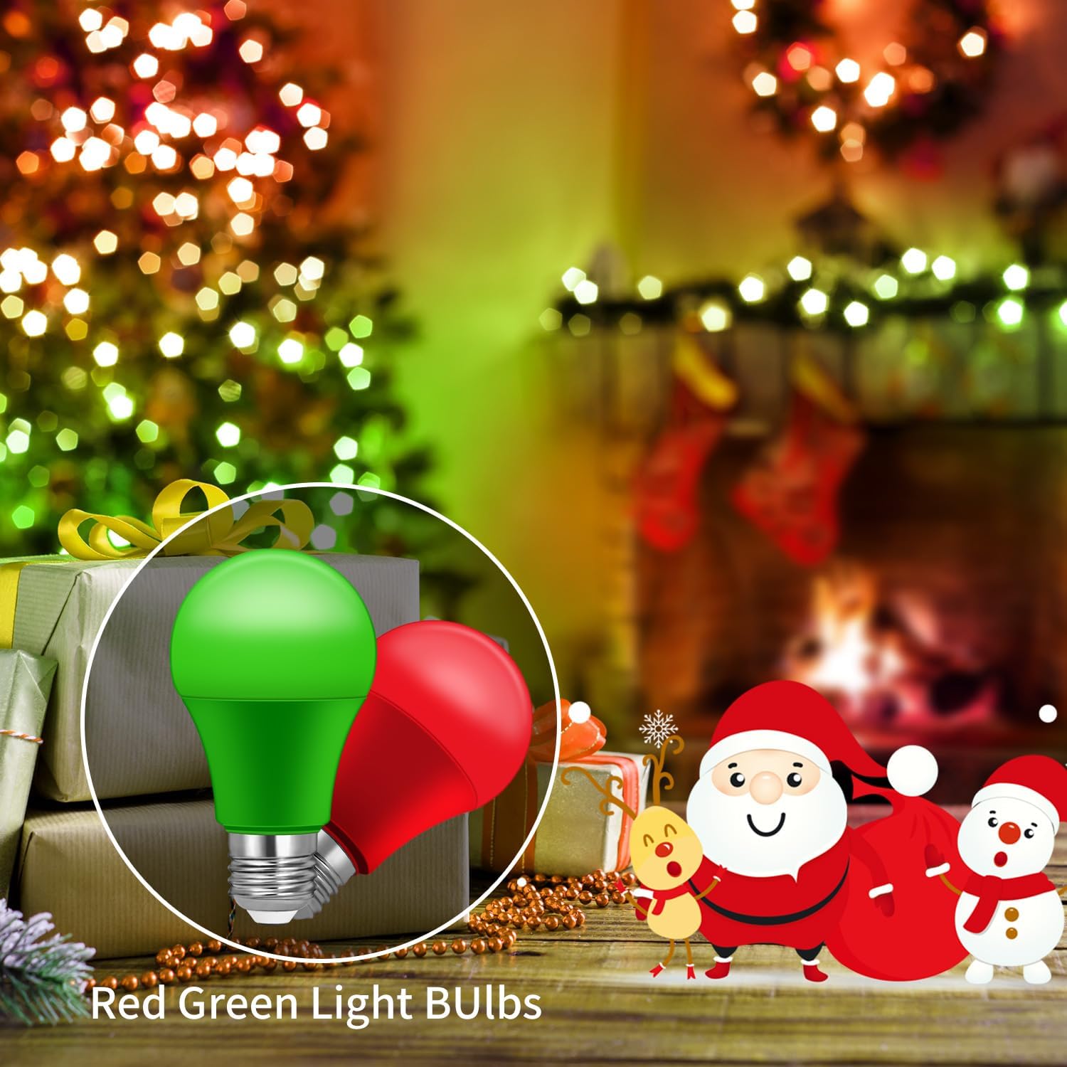 Bombillas de luz de Navidad, bombillas LED A19 rojas, bombillas verdes, bombillas rojas y verdes, equivalente a 60 W 9 W, base E26, bombilla de