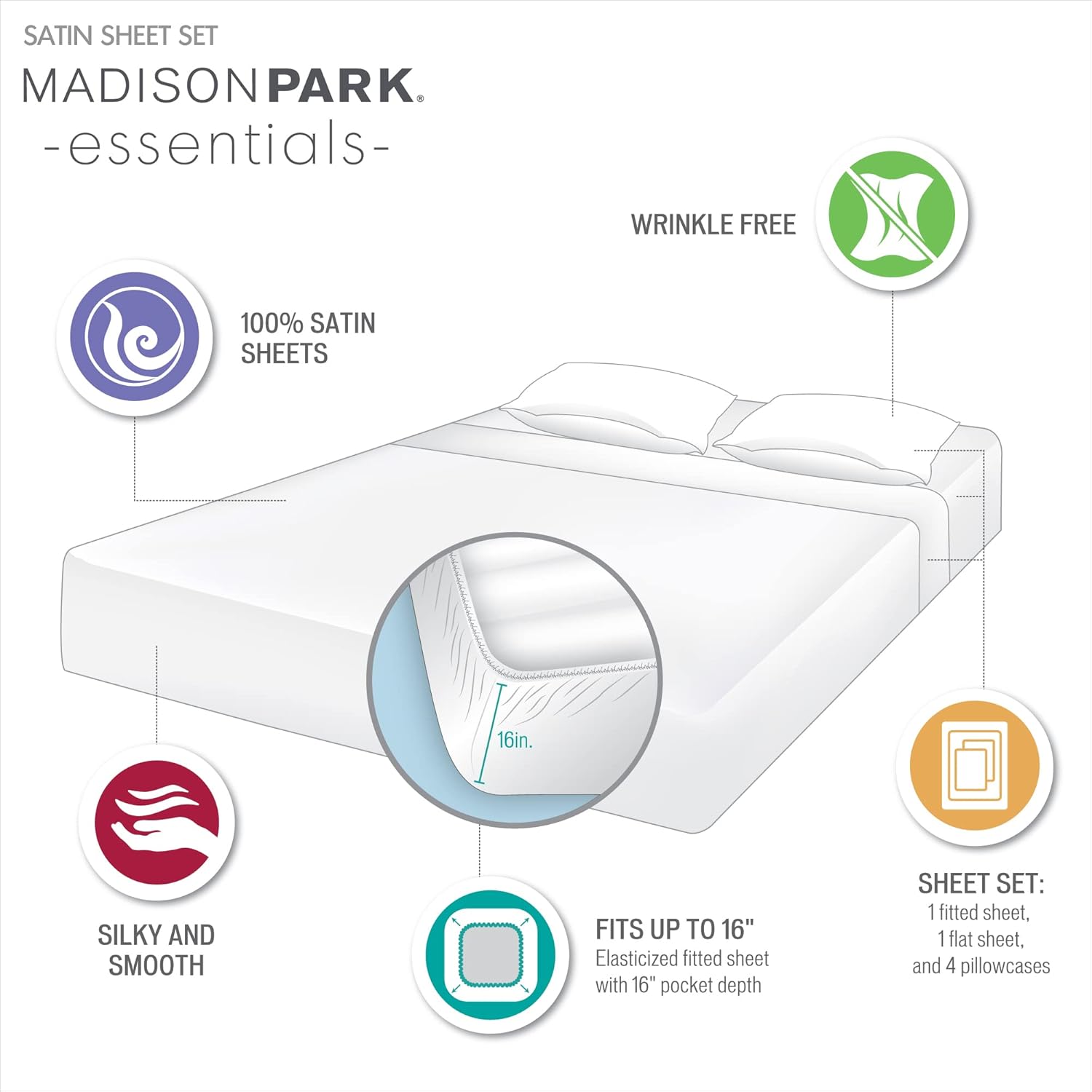 Madison Park Essentials Juego de sábanas de satén de lujo y sedoso con brillo natural, bolsillo elástico de 14 pulgadas para colchones de hasta 16