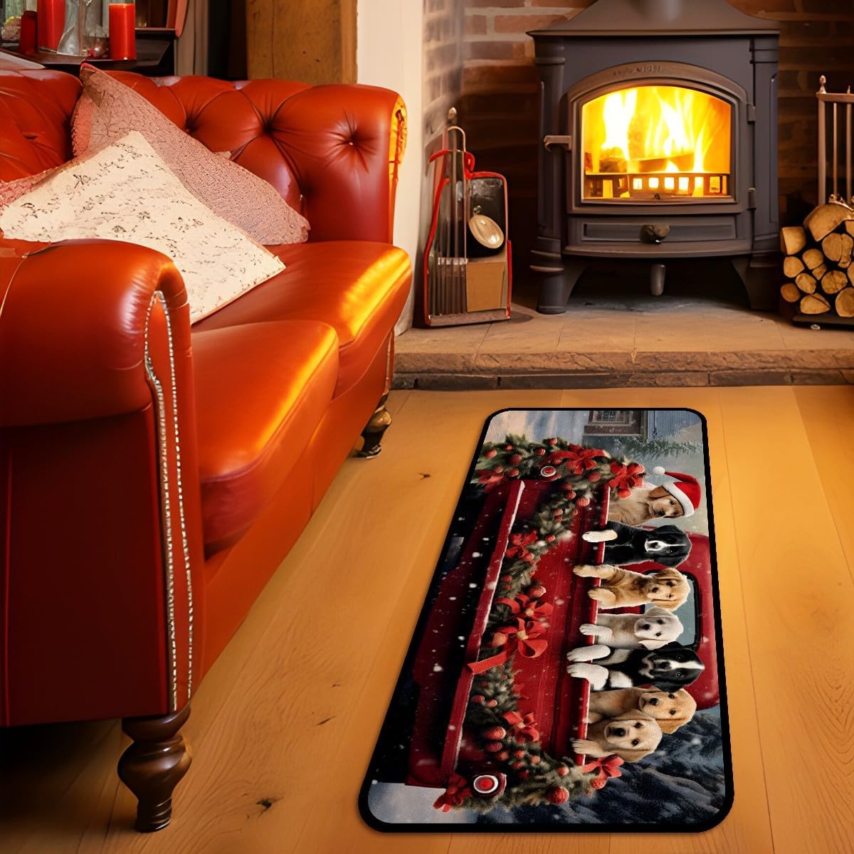 MSINMKOK Alfombra de pasillo de perros lindos de Navidad, alfombra roja lavable para lavandería, cocina, accesorios para el hogar, decoración de